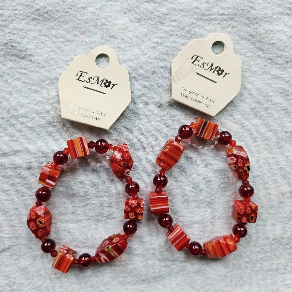 Vintage Shades of Red Beaded Stretch Bracelets, Lot Of Two, EsMar, NWT